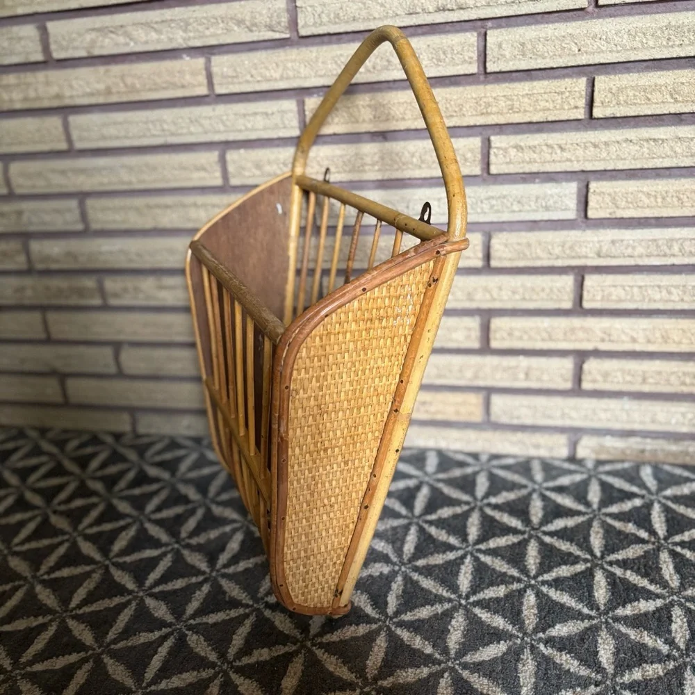 70's Wall Mount Wicker Magazine Rack - Wicker Rack - Rattan Magazine Holder - Picture 7 of 14